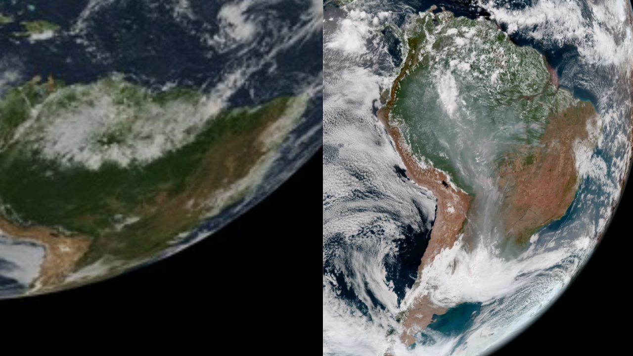 Left: Blue Marble 2002. Right: GOES-19 full disk GeoColor image from Aug. 30, 2024. This type of imagery combines data from multiple ABI channels to approximate what the human eye would see from space.