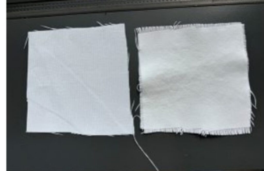 A chalk-based coating attaches to various commercially available textiles, including cotton and synthetic fiber, to create cooling fabrics, such as the treated synthetic material (right) that’s brighter than the untreated fabric (left).