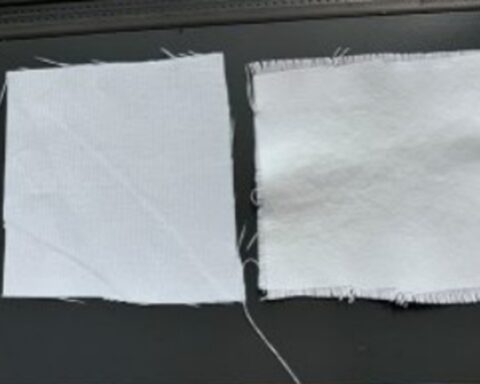 A chalk-based coating attaches to various commercially available textiles, including cotton and synthetic fiber, to create cooling fabrics, such as the treated synthetic material (right) that’s brighter than the untreated fabric (left).