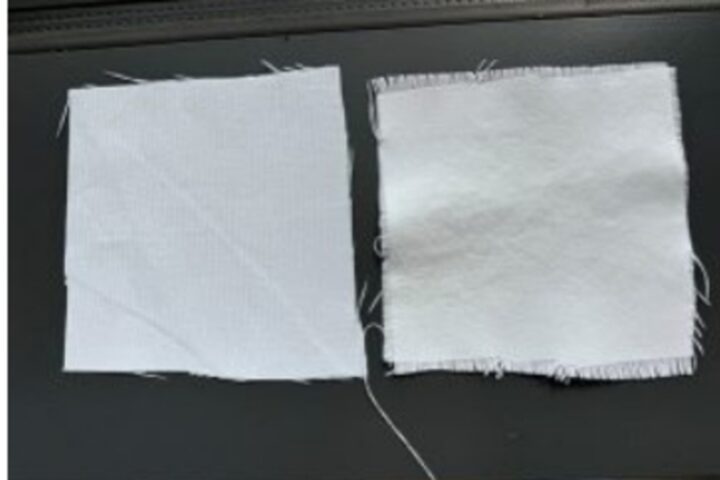 A chalk-based coating attaches to various commercially available textiles, including cotton and synthetic fiber, to create cooling fabrics, such as the treated synthetic material (right) that’s brighter than the untreated fabric (left).