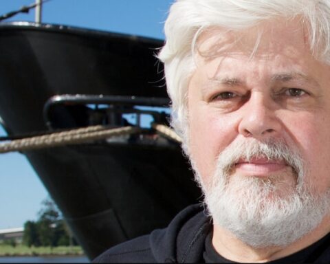 Paul Watson stands in front of the M/V Steve Irwin in Brisbane before departing for Antarctica in Sea Shepherd's Operation Musashi 2008-2009 campaign.