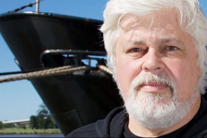 Paul Watson stands in front of the M/V Steve Irwin in Brisbane before departing for Antarctica in Sea Shepherd's Operation Musashi 2008-2009 campaign.