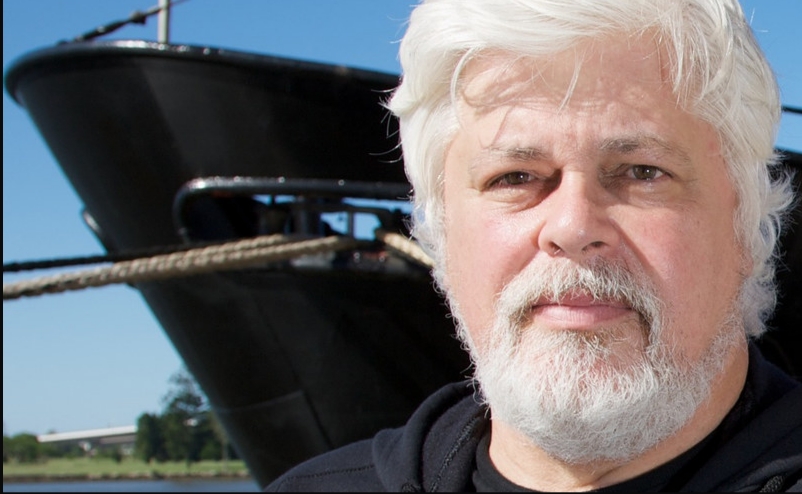 Paul Watson stands in front of the M/V Steve Irwin in Brisbane before departing for Antarctica in Sea Shepherd's Operation Musashi 2008-2009 campaign.