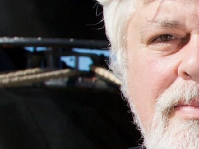 Paul Watson stands in front of the M/V Steve Irwin in Brisbane before departing for Antarctica in Sea Shepherd's Operation Musashi 2008-2009 campaign.