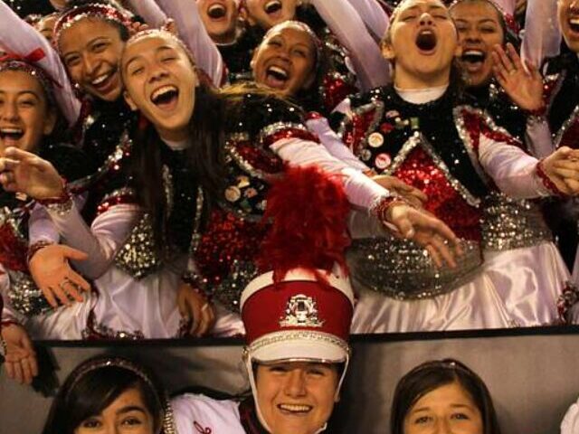 The Phineas Banning High School Mighty Marching Pilots show off their school spirit.