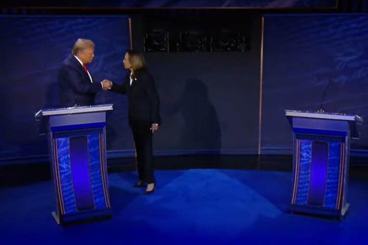 Kamala Harris & Donald Trump shaking hands before starting the debate on the national television.