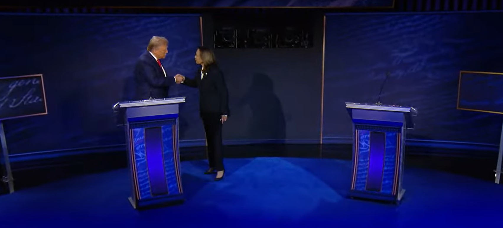 Kamala Harris & Donald Trump shaking hands before starting the debate on the national television.