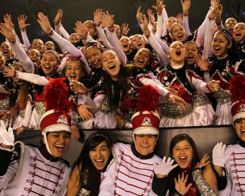 The Phineas Banning High School Mighty Marching Pilots show off their school spirit.