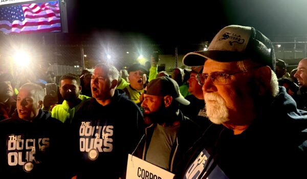 ILA President Harold Daggett Walks with Strikers outside APM Terminals.