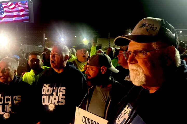 ILA President Harold Daggett Walks with Strikers outside APM Terminals.