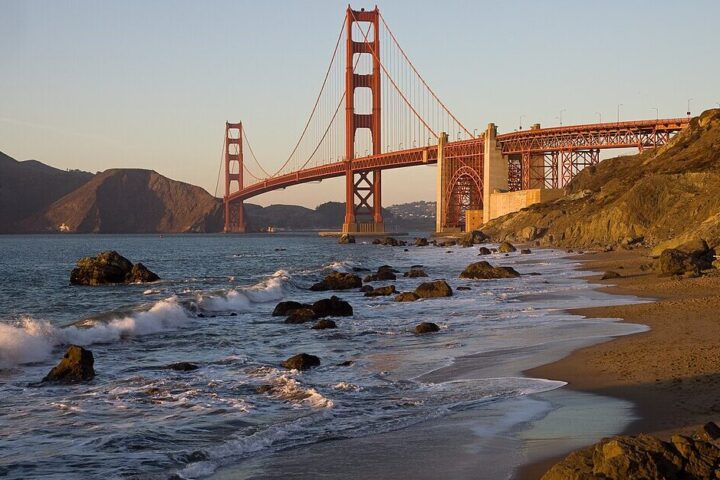 The Golden Gate Bridge in San Francisco as seen from the northern end of Baker Beach.