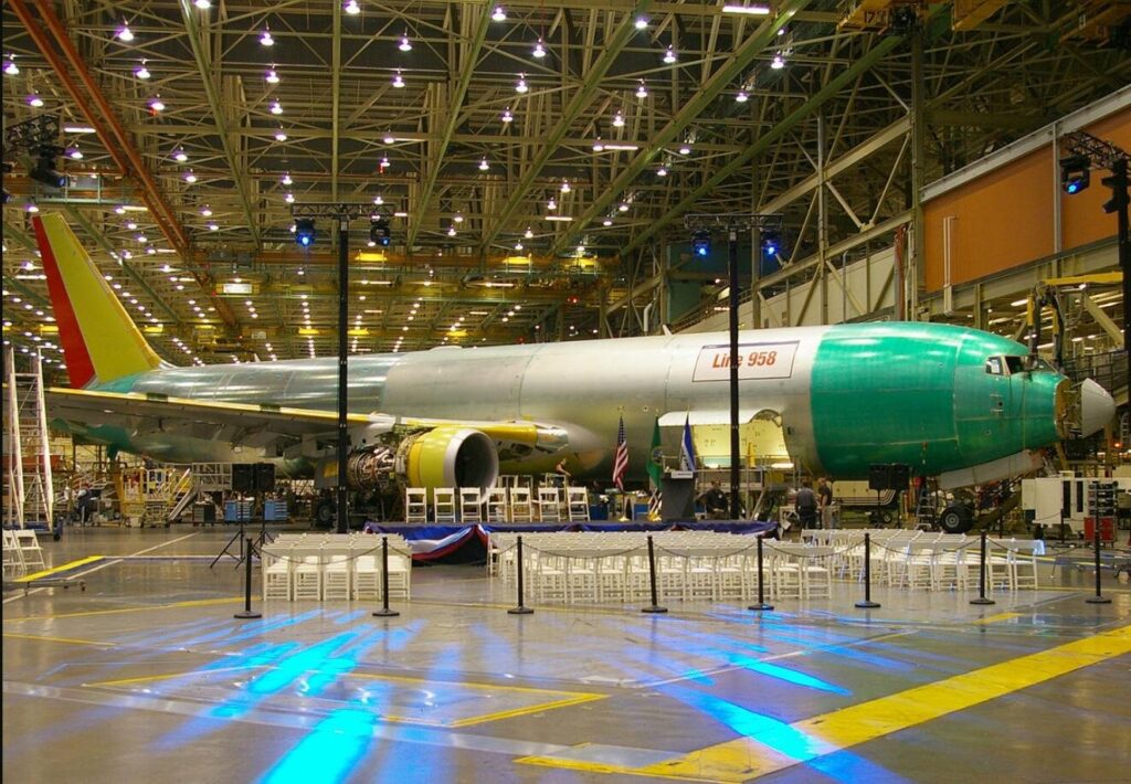 Boeing is proposing to build tanker versions of its 767 airliner for the Air Force. A 767 seen in production at Everett, Washington, August 6, 2007.