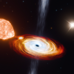 Depicted in this artist’s rendering is the central black hole, V404 Cygni (black dot), in the process of consuming a nearby star (orange body at left), while a second star (upper white flash) orbits at a much farther distance.