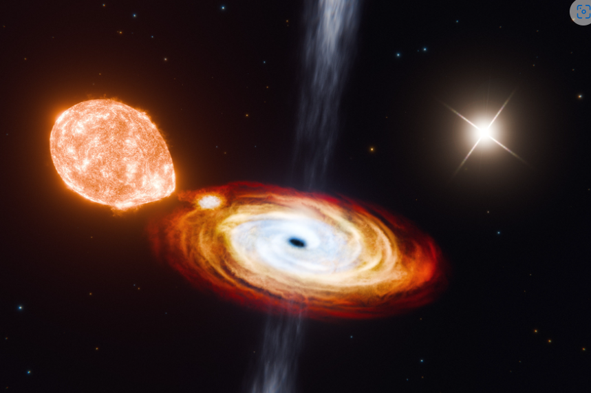 Depicted in this artist’s rendering is the central black hole, V404 Cygni (black dot), in the process of consuming a nearby star (orange body at left), while a second star (upper white flash) orbits at a much farther distance.