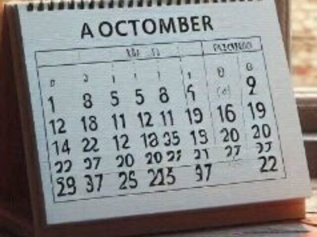 photo realistic 1st October calendar in fore ground and autumn through in window background. shallow depth of field.