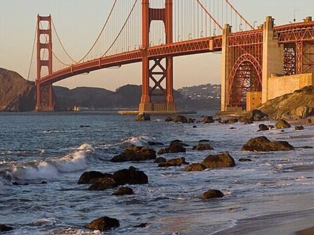 The Golden Gate Bridge in San Francisco as seen from the northern end of Baker Beach.