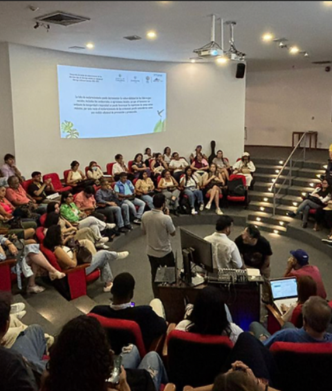 A group of people seated in a semi-circular arrangement in an auditorium or lecture hall.