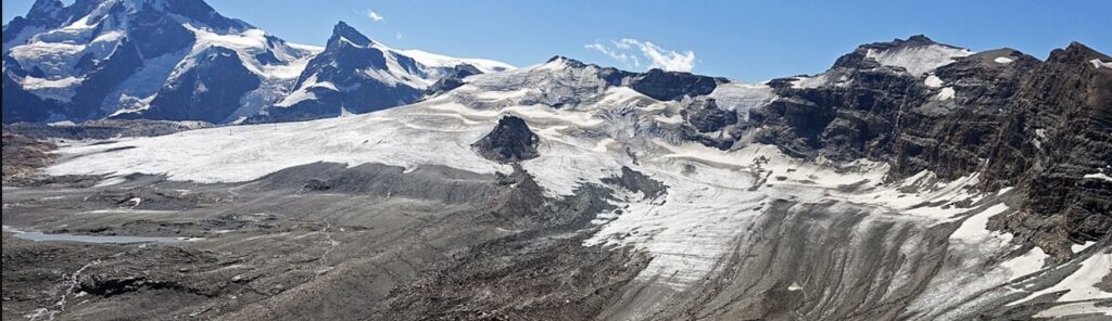 Upper Theodul Glacier and Furgg Glacier in August 2019. Zermatt, Switzerland.