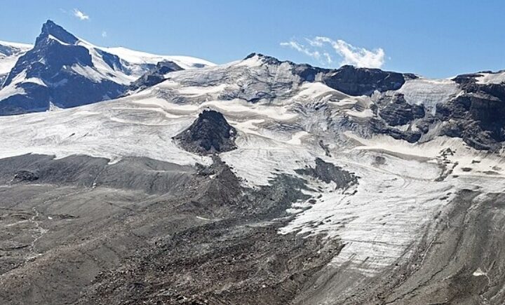 Upper Theodul Glacier and Furgg Glacier in August 2019. Zermatt, Switzerland.