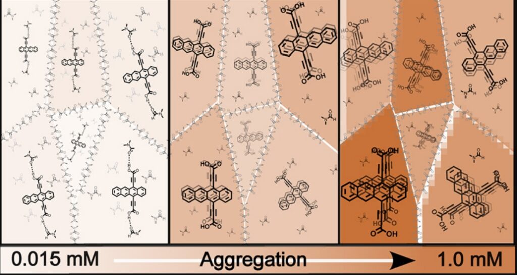 This schematic shows the evolution from solvated individual Tc-DA molecules to dimers to larger clusters through concentration-induced aggregation.