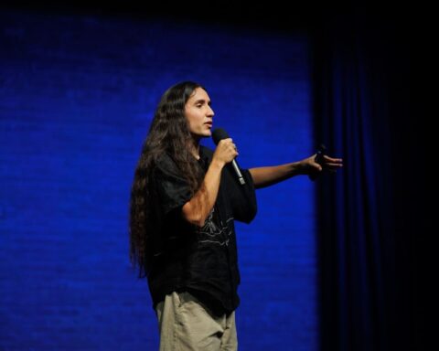 Activist and musician Xiuhtezcatl Martinez speaks during the Latino and Sustainability Cultural Dinner.