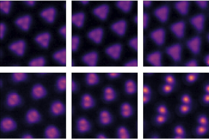 From top left: Scanning tunneling microscope images of electrons evolving into a single Wigner molecule (bottom right). Credit: Berkeley Lab