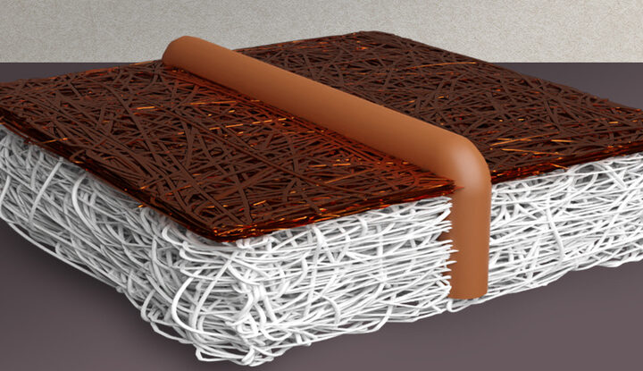 A conceptual schematic of the new woven electrode design. Researchers wove a series of conductive copper wires (the brown-orange pipe) through a very thin membrane to reach the catalyst.