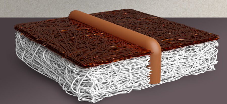 A conceptual schematic of the new woven electrode design. Researchers wove a series of conductive copper wires (the brown-orange pipe) through a very thin membrane to reach the catalyst.