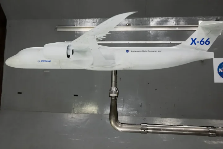 A model of the X-66 aircraft with a wingspan of almost 6 feet was placed in the 12-Foot Low-Speed Wind Tunnel at NASA’s Langley Research Center in Hampton, Virginia on October 30, 2024. During the tests, the team captured measurements of forces such as lift and drag over many aerodynamic configurations and flight conditions. NASA/Ryan Hill