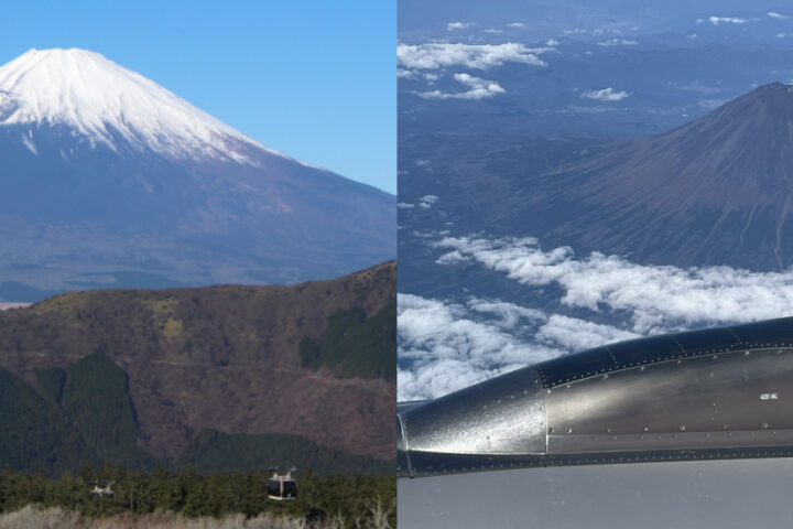 Left: Views of Mount Fuji from Ōwakudani with snow. Photo Source: Suicasmo (CC BY-SA 4.0) Right: Mount Fuji without snow on November 4th, 2024. Photo Credits: @Griffin1831 (X formerly Twitter)