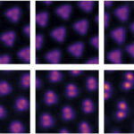 From top left: Scanning tunneling microscope images of electrons evolving into a single Wigner molecule (bottom right). Credit: Berkeley Lab