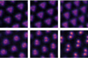 From top left: Scanning tunneling microscope images of electrons evolving into a single Wigner molecule (bottom right). Credit: Berkeley Lab