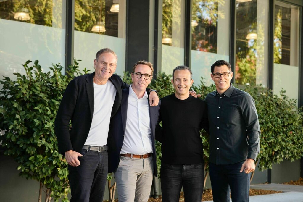 f.l.t.r. Oliver Blume, CEO Volkswagen Group, Carsten Helbing, designated future co-CEO of the joint venture, Wassym Bensaid, co-CEO of the joint venture, RJ Scaringe, Founder and CEO of Rivian.