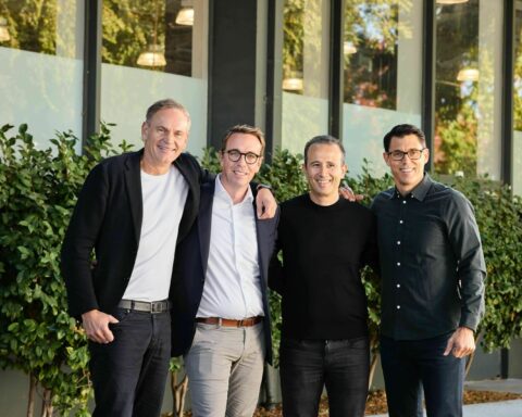 f.l.t.r. Oliver Blume, CEO Volkswagen Group, Carsten Helbing, designated future co-CEO of the joint venture, Wassym Bensaid, co-CEO of the joint venture, RJ Scaringe, Founder and CEO of Rivian.