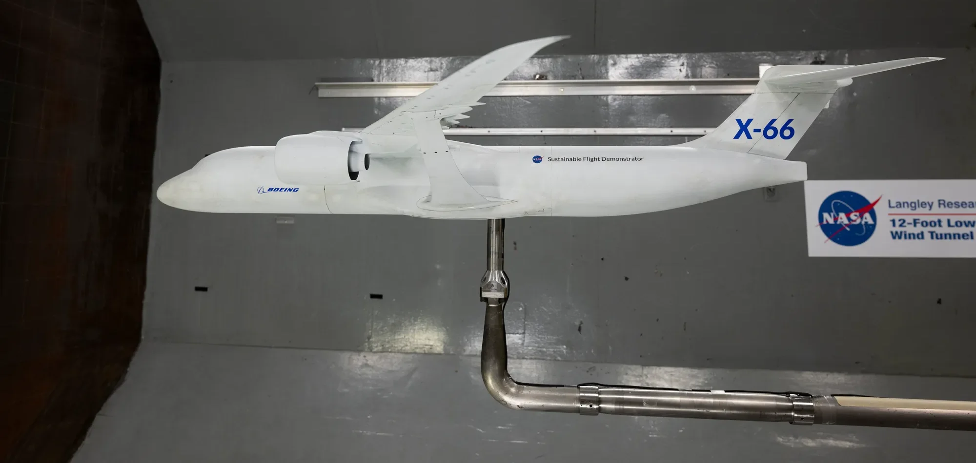 A model of the X-66 aircraft with a wingspan of almost 6 feet was placed in the 12-Foot Low-Speed Wind Tunnel at NASA’s Langley Research Center in Hampton, Virginia on October 30, 2024. During the tests, the team captured measurements of forces such as lift and drag over many aerodynamic configurations and flight conditions. NASA/Ryan Hill