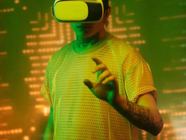 Representative Image. Man in Yellow Shirt Wearing White and Black VR Goggles,