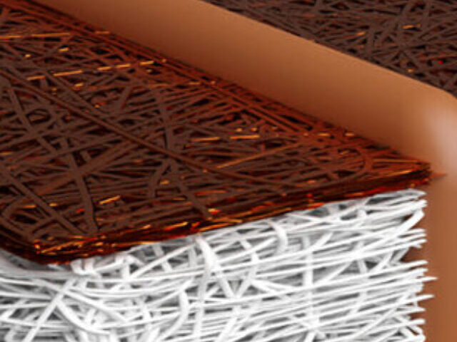 A conceptual schematic of the new woven electrode design. Researchers wove a series of conductive copper wires (the brown-orange pipe) through a very thin membrane to reach the catalyst.