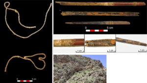 Left: Fragments of sinew bowstrings from the Cave of Los Murciélagos in Albuñol, the oldest bowstrings found so far in Europe. Right above: Three Neolithic arrows reed and wood and details of tied sinew fibres, feathers and birch bark pitch. Right down: Cave of Los Murciélagos (Albuñol, Granada). © MUTERMUR Project.