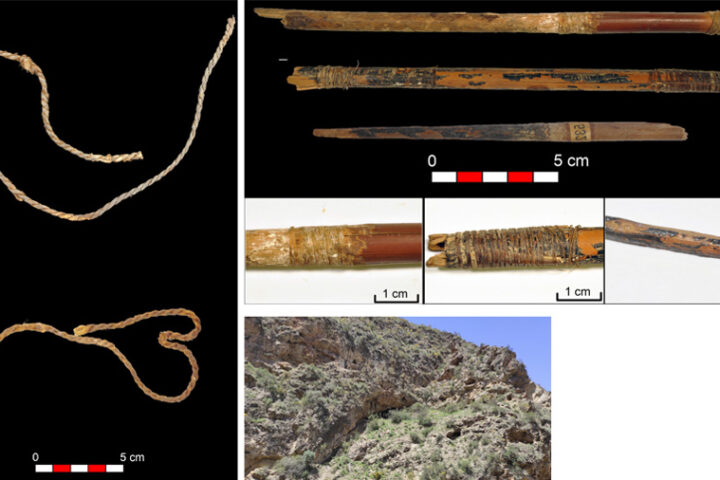 Left: Fragments of sinew bowstrings from the Cave of Los Murciélagos in Albuñol, the oldest bowstrings found so far in Europe. Right above: Three Neolithic arrows reed and wood and details of tied sinew fibres, feathers and birch bark pitch. Right down: Cave of Los Murciélagos (Albuñol, Granada). © MUTERMUR Project.