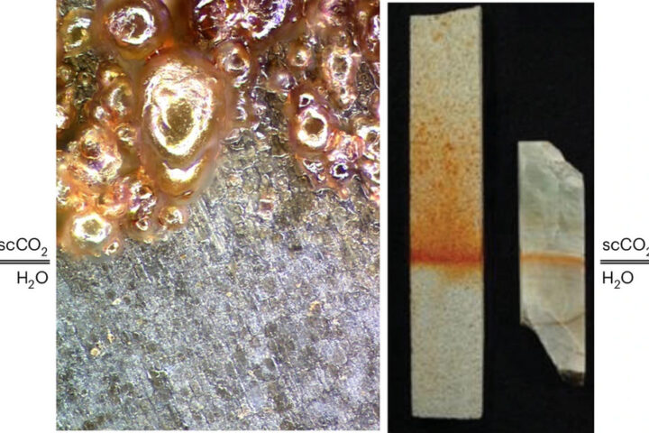 Caption:At left: Steel is seen to corrode into siderite (FeCO3) when immersed in subcritical liquid carbon dioxide (LCO2). At right: Samples of albite (a plagioclase feldspar) and a sandstone core are observed to form red rhodochrosite (MnCO3) when exposed to supercritical CO2 in the presence of a water solution with potassium chloride and manganese chloride, with particularly strong reaction near the interface of the two solutions. In both experiments, water saturation is provided by floating LCO2 on the water. Under the lower pressure conditions characteristic of early Mars, the water would float on the LCO2. Credits:Photos courtesy of Todd Schaef/PNNL (left) and Earl Mattson/Mattson Hydrology (right).