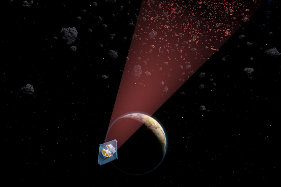 Caption:An artist’s illustration of NASA’s James Webb Space Telescope revealing, in the infrared, a population of small main-belt asteroids. Credits:Image: Ella Maru and Julien de Wit