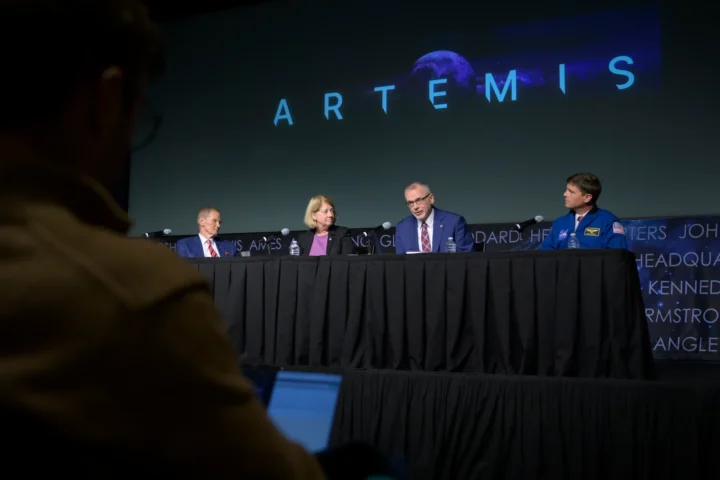 NASA Administrator Bill Nelson, left, NASA Deputy Administrator Pam Melroy, NASA Associate Administrator Jim Free, and NASA astronaut and Artemis II commander Reid Wiseman, right, are seen during an update on the agency’s Artemis campaign, Dec. 5, 2024, at the NASA Headquarters Mary W. Jackson Building in Washington. Credit: NASA/Bill Ingalls