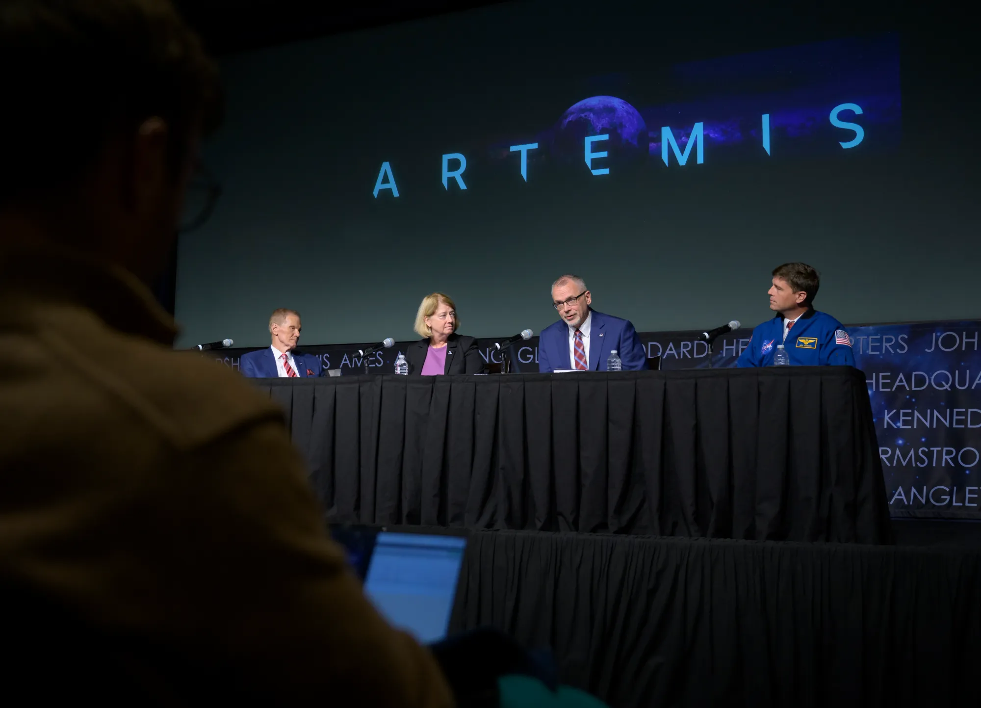 NASA Administrator Bill Nelson, left, NASA Deputy Administrator Pam Melroy, NASA Associate Administrator Jim Free, and NASA astronaut and Artemis II commander Reid Wiseman, right, are seen during an update on the agency’s Artemis campaign, Dec. 5, 2024, at the NASA Headquarters Mary W. Jackson Building in Washington. Credit: NASA/Bill Ingalls