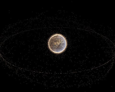 Image was rendered using the satcat catalog from NORAD data. Every point represents a piece of space debris in the NORAD catalog.