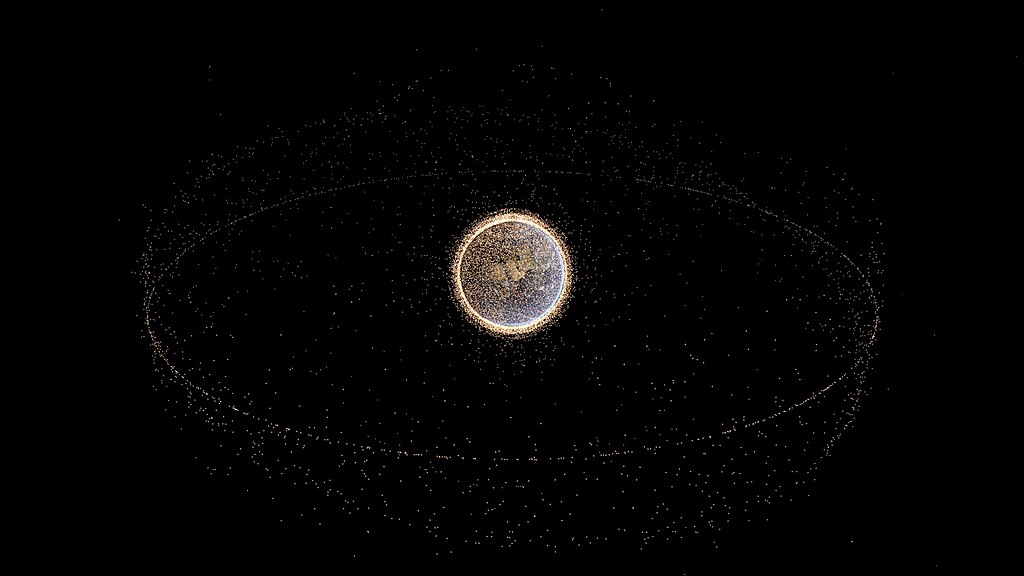 Image was rendered using the satcat catalog from NORAD data. Every point represents a piece of space debris in the NORAD catalog.