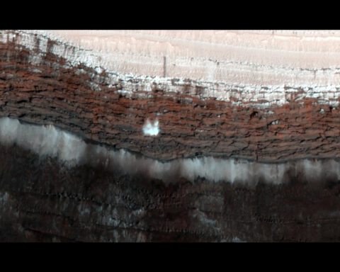 Martian spring involves lots of cracking ice, which led to this 66-foot-wide (20-meter-wide) chunk of carbon dioxide frost captured in freefall by the HiRISE camera aboard NASA’s Mars Reconnaissance Orbiter in 2015 NASA/JPL-Caltech/University of Arizona