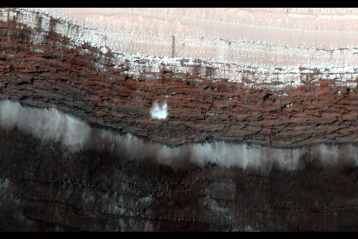 Martian spring involves lots of cracking ice, which led to this 66-foot-wide (20-meter-wide) chunk of carbon dioxide frost captured in freefall by the HiRISE camera aboard NASA’s Mars Reconnaissance Orbiter in 2015 NASA/JPL-Caltech/University of Arizona