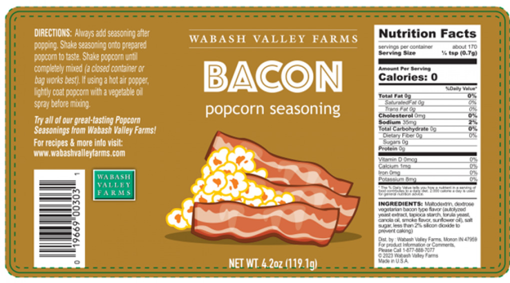 A product label for Wabash Valley Farms Bacon Popcorn Seasoning. Source - FDA