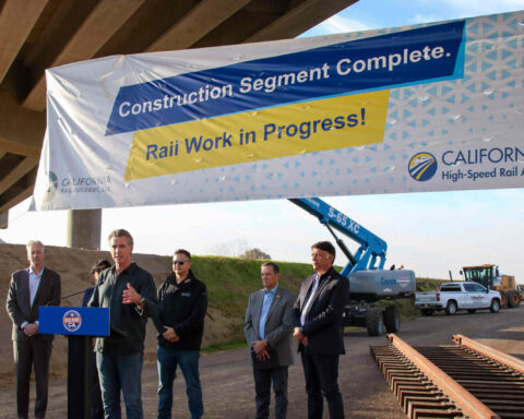 Governor Newsom, CEO Choudri, partners, and community leaders speaking at the opening of the Railhead Project. Photo Source: California High Speed Rail Authority.