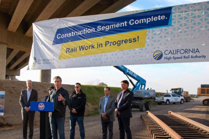 Governor Newsom, CEO Choudri, partners, and community leaders speaking at the opening of the Railhead Project. Photo Source: California High Speed Rail Authority.